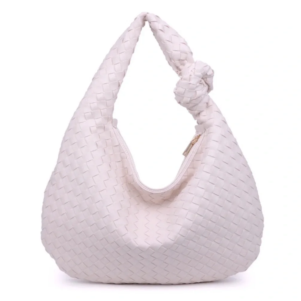 URBAN EXPRESSIONS | Faux-Leather Woven white/cream Hobo Bag w knotted handle